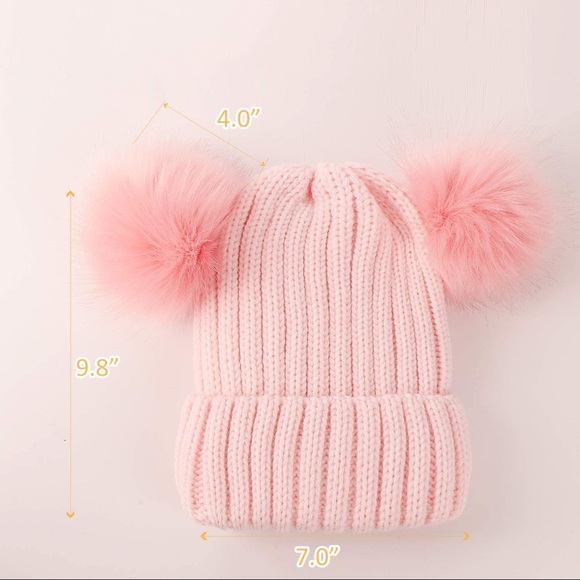 Pink Mom & Baby Hat Set Winter Beanie Hats Parent-Child Pompom Knit Hat - Picture 3 of 5